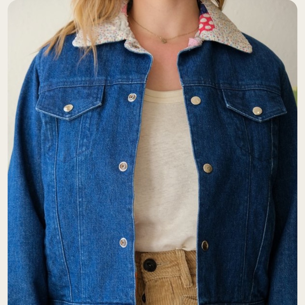 Carleen one of a kind denim jacket with scrap quilt lining size S